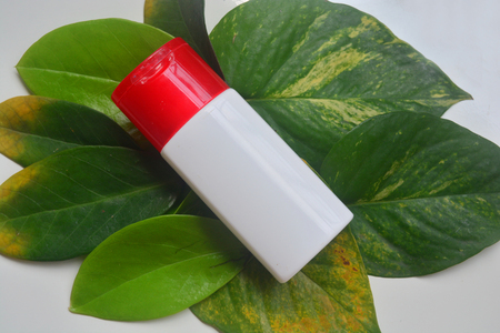 Cosmetic plastic bottle for lotion, cream, shampoo, bath foam isolate on green leaves , Beauty product, Minimal makeup fashion concept.の写真素材