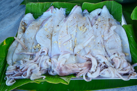Fresh raw squid on banana leaf in fresh marketの写真素材