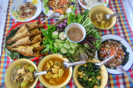 Set of tradition Southern Thai Cuisine. Asian food and spices, Thai food concept. Southern Thai food is of course much spicier than central Thai food.の写真素材