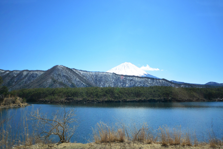 Snow mountain front Mountian Fuji at Kawaguchi Lake in Japan.の写真素材