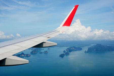 Tropical group of islands in Thailand as seen on window through window of an aicraft. Top viewの写真素材