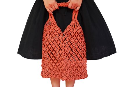 Young woman holding Reusable string shopping eco mesh bag Isolated on wgite background. Concept no plastic, zero waste and eco frendly.の写真素材
