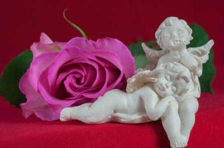 angels with pink rose on red backgroundの写真素材