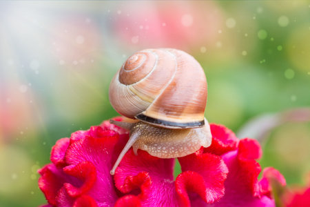 Snail on flower in summer gardenの写真素材