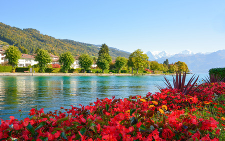 Lake Thun with Jungfrau mountain in autumn on clear blue sky , Switzerland, Shot using CPL  filterの写真素材