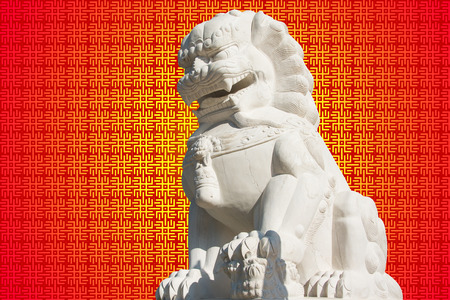 Stone lion statue in a Chinese templeの写真素材