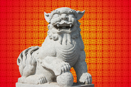 Stone lion statue in a Chinese templeの写真素材