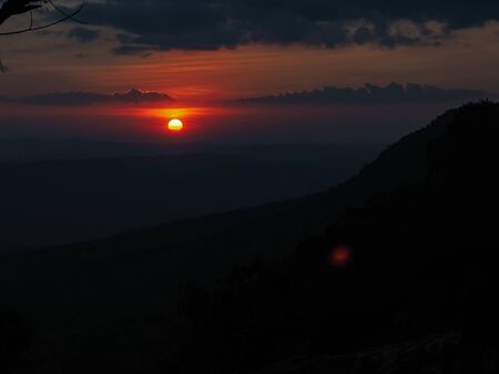 silhouette pine tree sunset mountainの写真素材