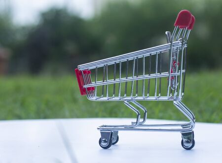 Empty shopping trolley with the garden background.の写真素材