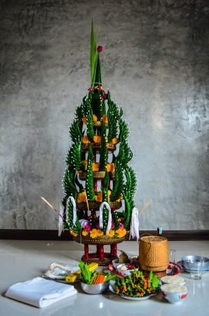Thai traditional tray with rice offering pedestal in the ceremony.の写真素材