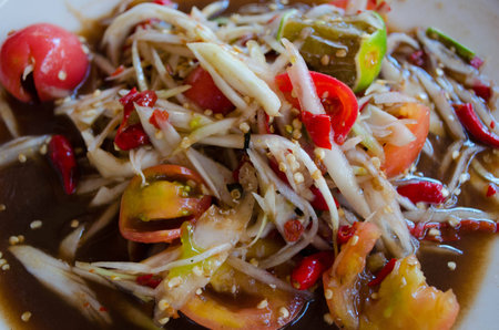 Thai papaya salad with Fermented Fish  Som Tum Slatternly  の写真素材