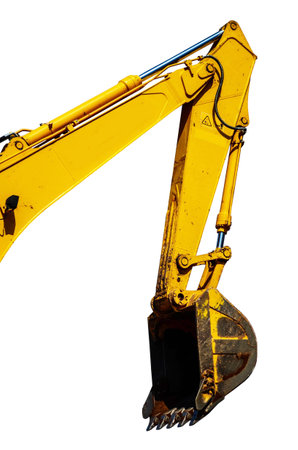 Backhoe excavator bucket side view isolated whiteの写真素材