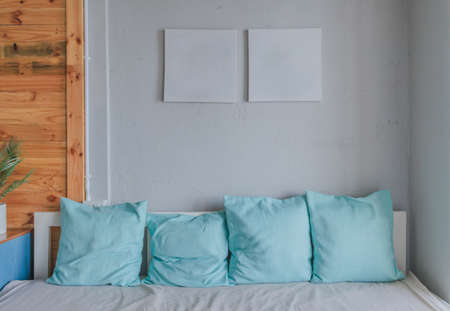 The interior of the white hall has a white sofa and blue pillows. with plant pots to decorate the roomの写真素材