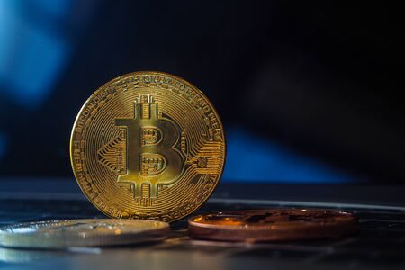 bitcoin with dark blue  backgroundの写真素材