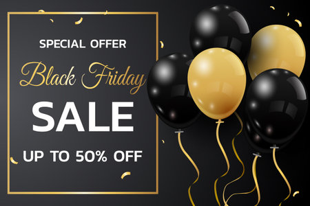 Black Friday Sale Poster with Shiny Balloons on Black Background with Square Frame.