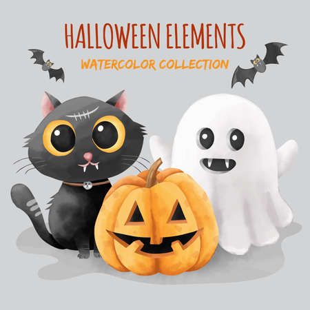 Set of halloween elements in watercolor styleのイラスト素材