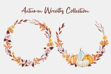 Wreath of autumn leaves and pumpkins in watercolor styleのイラスト素材