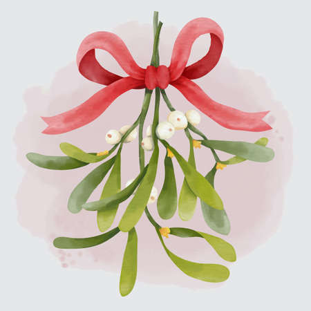 Christmas traditional watercolor hanging mistletoe bouquet with red bowのイラスト素材
