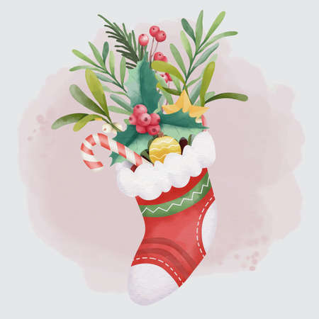 Watercolor christmas bouquet with sock illustrationのイラスト素材