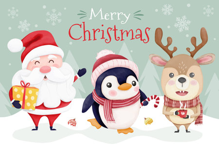 Watercolor christmas card with cute santa and friendsのイラスト素材