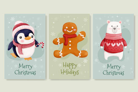 Christmas cards with cute penguin bear and gingerbread cookiesのイラスト素材