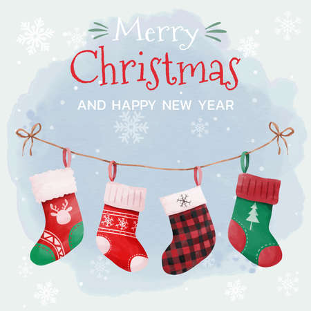 Christmas greeting card with hanging socks decoration designのイラスト素材