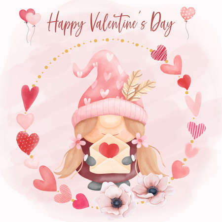 Watercolor happy valentines day background with cute gnomeのイラスト素材