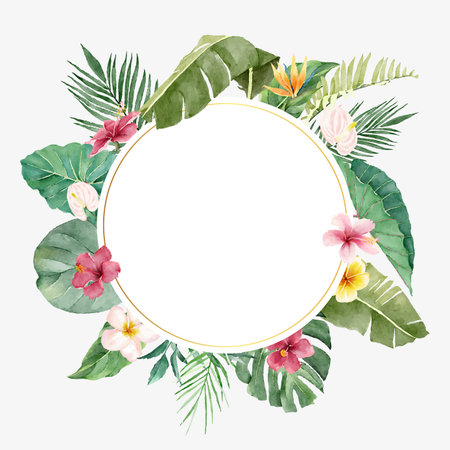 Circular banner with tropical flowers and green leavesのイラスト素材