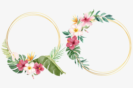 Watercolor tropical flowers with round framesのイラスト素材