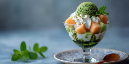 Green tea ice cream parfait with melon and whipped cream in glass, fresh and colorful dessert with mint leafの素材