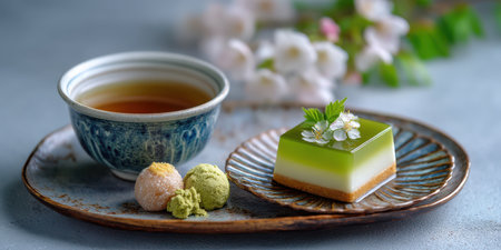 Green layered jelly dessert with flower decoration and tea cup on ceramic plate, elegant and fresh presentationの素材