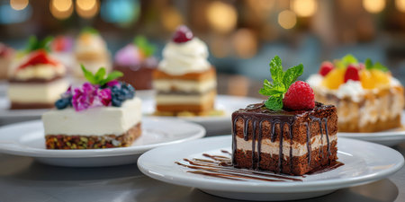 Chocolate cake dessert with raspberry and mint on white plate with assorted sweet cakes in backgroundの素材