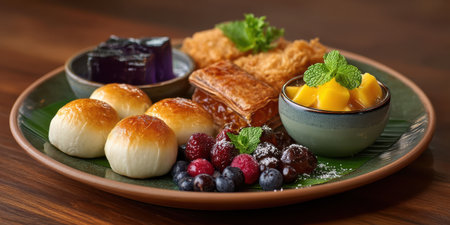 Soft baked bun with mixed berries and mango dessert served on green plate with fried pastry and jellyの素材