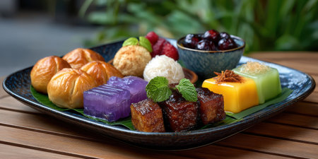 Assorted colorful dim sum and sweet desserts served black tray with fresh mint and berries, creating inviting and vibrantの素材