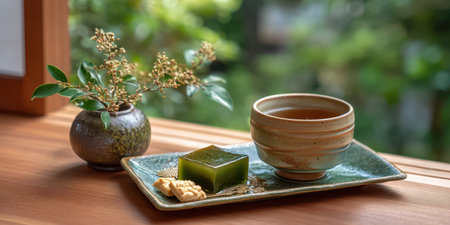 Green tea jelly dessert with biscuit and ceramic cup on ceramic plate near window with small flower vaseの素材