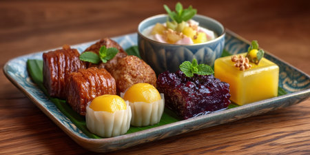 Traditional Thai dessert tray with mixed sweets including sticky rice, mango, and coconut custard served ceramic plate withの素材