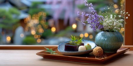 Japanese dessert tray with sakura jelly and traditional sweets wooden table with flower vase and bokeh lights creatingの素材