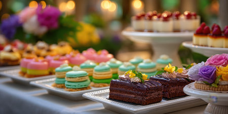Colorful dessert buffet with chocolate cake, macarons, and floral decorations creating joyful and elegant atmosphereの素材