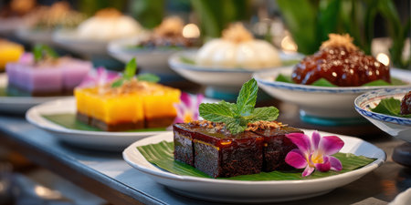Traditional Asian dessert buffet with colorful sweet treats beautifully arranged plates, creating elegant and inviting displayの素材