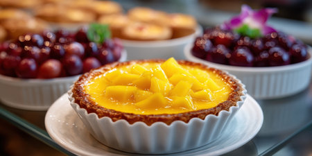 Mango tart dessert with fresh fruit topping served in white ceramic dish with grapes and other tarts in backgroundの素材