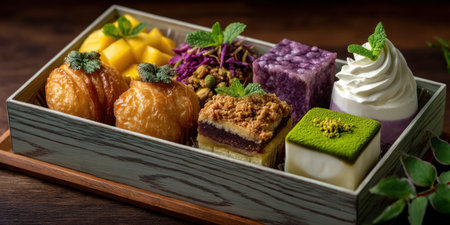 Dim sum dessert collection with colorful sweet treats including mango, purple yam, cream, and crumb cake in wooden boxの素材