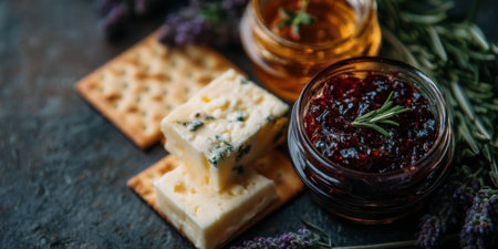 Blue cheese and crackers with berry jam and honey in glass jars on dark stone surface with herbsの素材