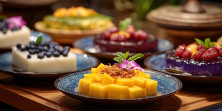 Mango sticky rice dessert with flower garnish and other colorful fruit jelly desserts on plates, inviting and vibrantの素材