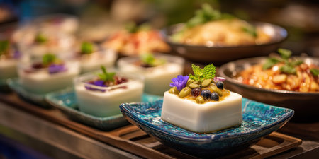 Delicate white dessert topped with fresh berries, seeds, and mint leaves served blue ceramic plate with blurred backgroundの素材