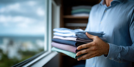 Man holding stack of folded shirt with window background in closet roomの素材