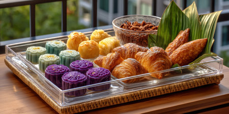 Colorful mooncake dessert tray with croissant and nuts in clear plastic box on wooden table with natural lightの素材