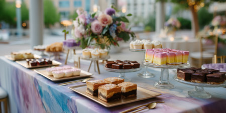 Dessert table with assorted cakes and pastries on glass stands and trays, decorated with floral centerpiece and soft lightingの素材