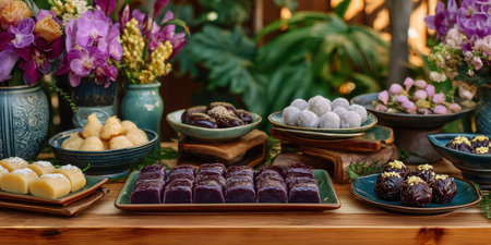 Traditional Asian dessert assortment displayed on wooden table with vibrant flowers creating warm inviting atmosphereの素材