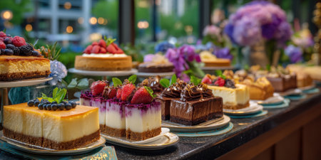 Delicious dessert buffet with variety of cakes and pastries decorated with fresh berries and flowers in elegant settingの素材