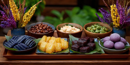 Colorful traditional Asian dessert assortment with nuts and flowers on wooden table, vibrant and inviting presentationの素材
